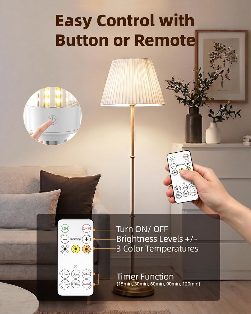 EZVALO E26 Rechargeable Light Bulb with Remote and Timer, Battery Backup Bulb for Sconces and Lamps, Magnetic Bulbs for Non-Hardwired Fixture, 3 Color Temperatures,Timer, Dimmable, 4000mAh, 2 Pack White