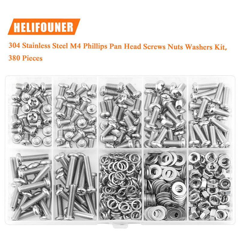 380 Pieces M4 x 5mm /6mm /8mm /10mm /12mm /16mm /20mm, Phillips Pan Head Machine Screws, Metric Screws Bolts Washers Nuts Kit, 304 Stainless Steel