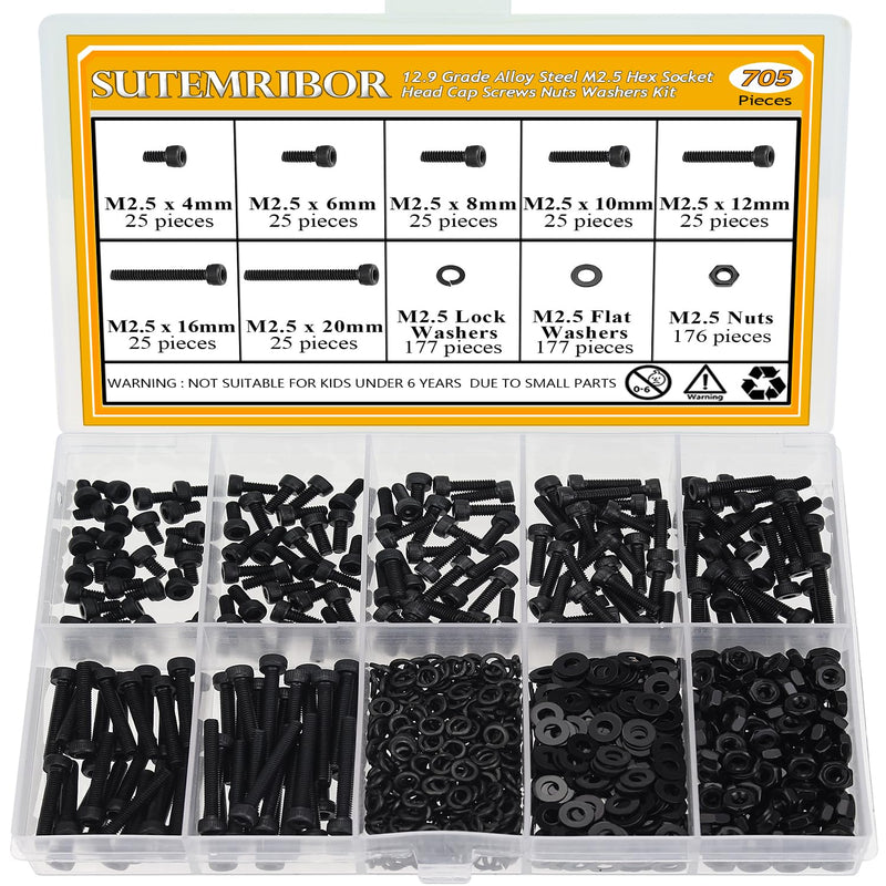 705 Pieces M2.5 Screws Nuts Washers Set Black, Sutemribor M2.5 x 4/6/8/10/12/16/20mm Hex Socket Head Cap Screws Nuts Washers Assortment Kit, 12.9 Grade Alloy Steel, Fully Threaded M2.5 Screws Kit