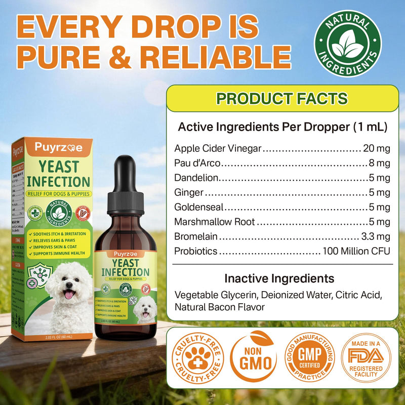 puyrzoe Natural Yeast Infection Treatment for Dogs, Itchy Ears, Skin, Paws & Allergy Relief, Yeast Treatment for Dogs, Supports Gut & Immune Health, Reduces Itching, Irritation & Inflammation, 60ml Yeast Drops-1 PC