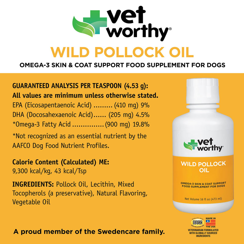 Vet Worthy Wild Pollock Oil for Dogs - All Natural Dog Supplement to Promote Skin and Coat, Heart, and Immune System Support - Liquid Fish Oil for Dogs - Easy to Use Mess-Free Bottle - 16 fl oz