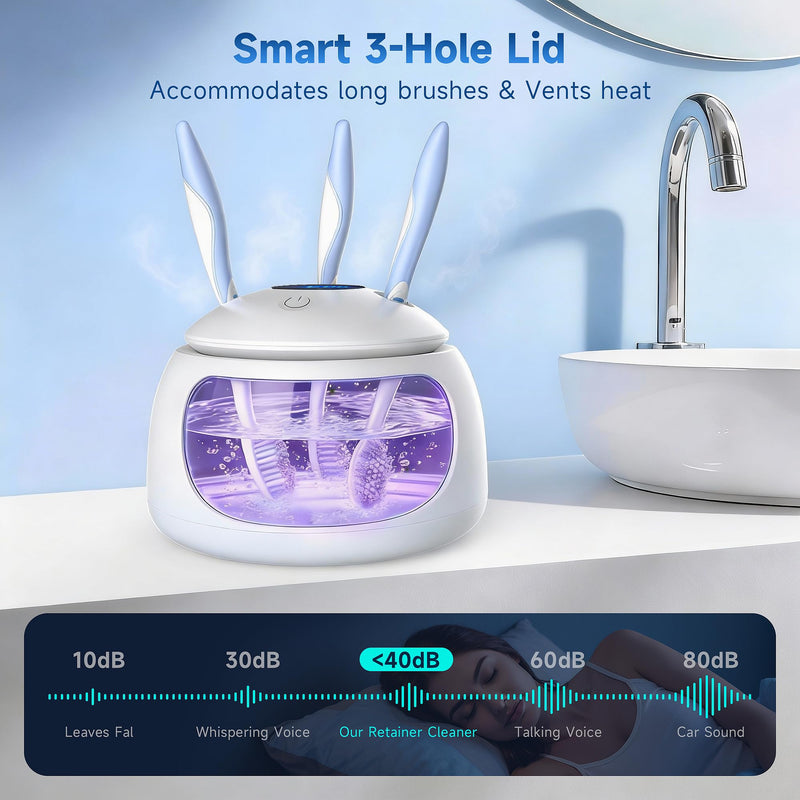 Ultrasonic Retainer Cleaner with UV Light - 45kHz Deep Cleaning Pod for Dentures, Aligners, Night Guards - Includes Cleaning Brush, 200ml Capacity (Gray)