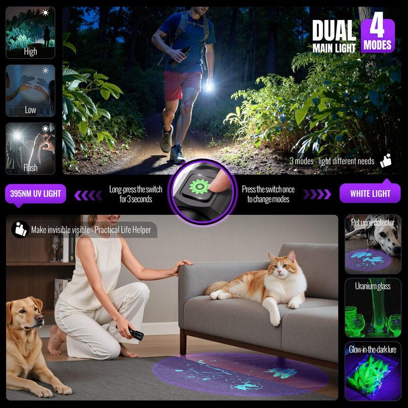 DARKDAWN 3 in1 Super Bright Flashlight & UV Flashlight 395nm, High Lumens USB Rechargeable LED Flashlights,Handheld Portable Flash Lights for Camping, Outdoor Adventure, Pet Urine Stains (2pack) 2 pack