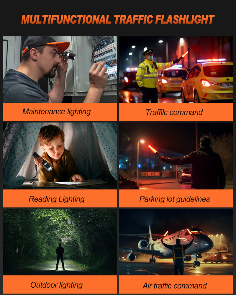 2 Pack Traffic Wand, 11 Inch LED Traffic Flashlight Wand with 5 Flashing Modes, Orange Traffic Safety Control Baton, Air Marshalling Wand for Parking, Aircraft, Car Directing 2 Pack of 11inch