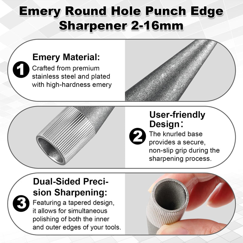 2 Pcs Emery Round Hole Punch Edge Sharpener 2-16mm Handmade DIY Leather Manual Punch Polishing Grinder Tool for DIY Leather Crafts