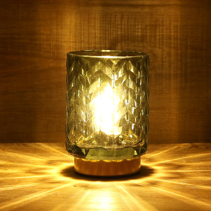 Battery Operated Lamp with Timer, Small Table Lamp with LED Bulb, Glass Cordless Lamps Beside Table Light for Living Room, Bedroom, Entryway Wave Design-Grey Wave-Green