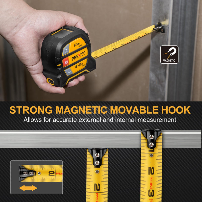 PREXISO 2-in-1 Laser Tape Measure - NOT DIGITAL TAPE - 135Ft Rechargeable Laser Measurement Tool & 16Ft Measuring Tape Movable Magnetic Hook - Pythagorean, Area, Volume, Ft/Ft+in/in/M Unit-NOT Digital