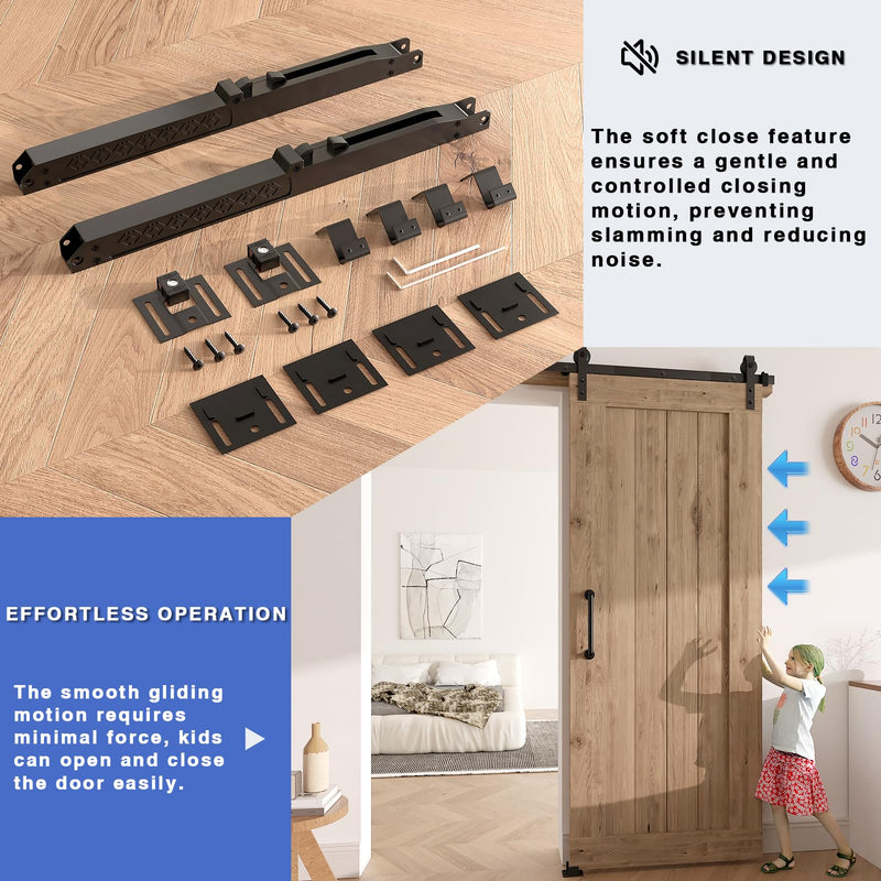 2PCS Barn Door Soft Close Mechanism, Upgraded Universal Weight Compatibility Support Door up to 160lbs, Effortless Opening Smooth Closing Hole-Free Sliding Door Hardware Spring Buffer Damper Black