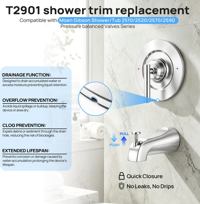 Shower Trim Kit with Tub Spout, Compatible with Moen Gibson Posi-Temp T2901 Polished Chrome