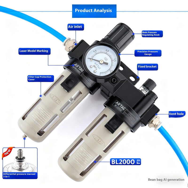 Compressed Air Filter Regulator Lubricator Combo Airtac BFC3000-C 3/8''NPT 0-140 PSI with Pressure Gauge Semi-Auto Drain 3 in 1 Two FR.L Unit BFC3000C 3/8'' NPT