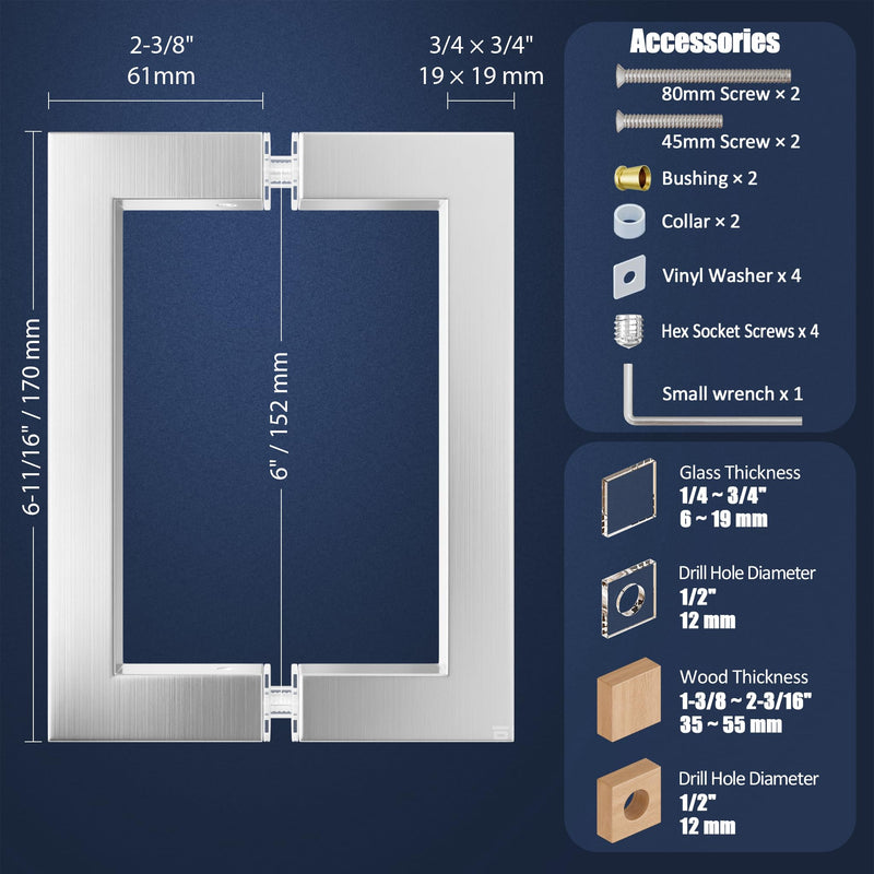Ranbo 6" Center-to-Center Brushed Nickel Glass Shower Door Handle, Back-to-Back Square Tube Pull, Fits 1/4" to 3/4" Glass and 1-3/8" to 2-3/16" Wood Doors, 1.0mm Thick 304 Stainless Steel 6 Inch