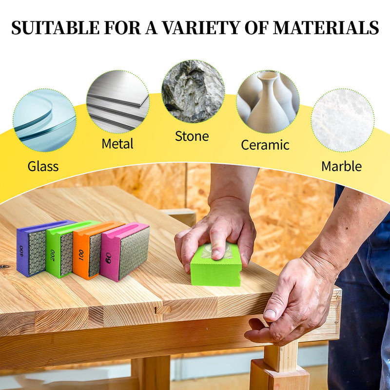 Diamond Hand Polishing Pads, 4PCS Diamond Sanding Pads with Foam Backing 60/100/200/400 Grit,Sanding Block for Glass Wood Ceramic Marble Metal Tile Tools(Wet&Dry 4 PCS
