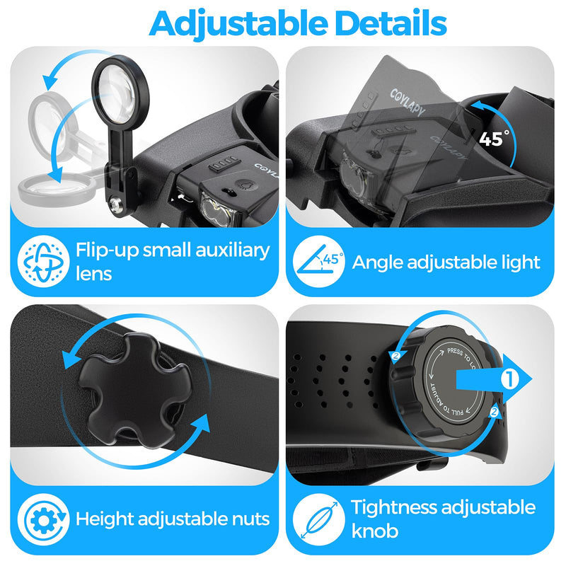 Magnifying Glasses with Light, Versatile Magnifying Glasses for Close Work, 1x - 14x Headband Magnifier with 5 Lenses & Two Led Lamps, Hands-Free Jewelers Loupe Visor for Hobby, Crafts Black