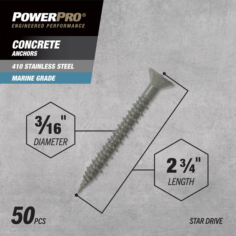 Power Pro Concrete Screw Anchors #410 Stainless Flat (3/16" x 2-3/4") 50-Piece