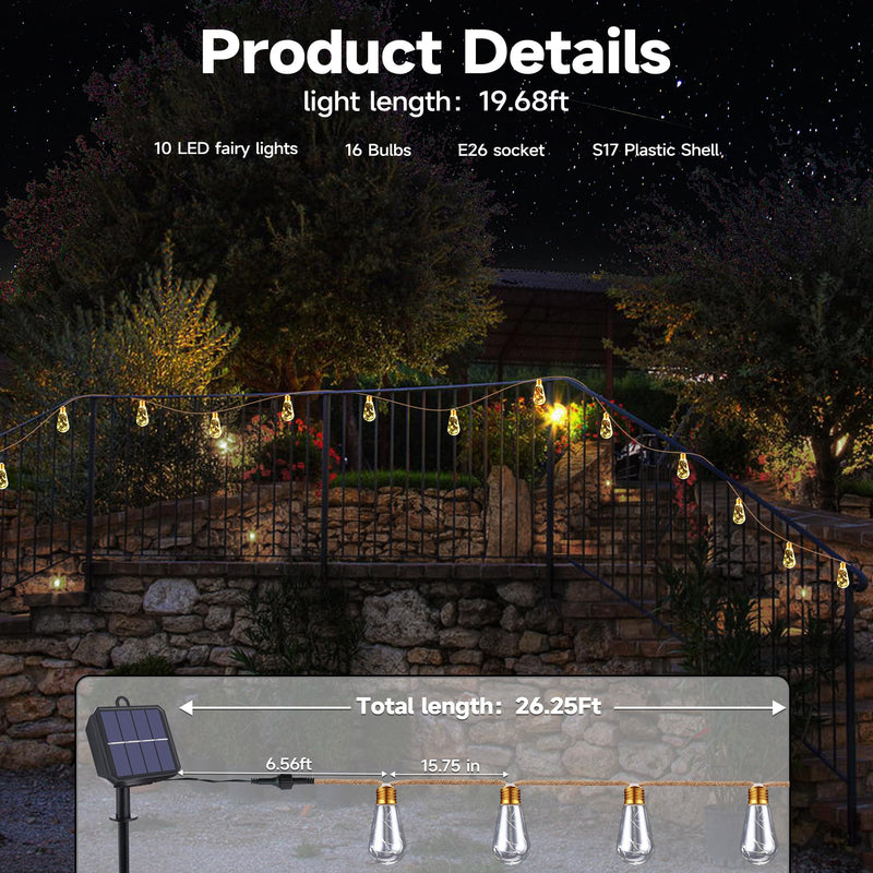 Solar Outdoor String Lights, 2 Pack 20Ft Vintage Rope Hemp Solar Patio Lights, Waterproof Warm White Solar Powered String Lights With 8 Modes 16 Shatterproof Bulbs for Fence Stairs Balcony Café Bistro 40ft