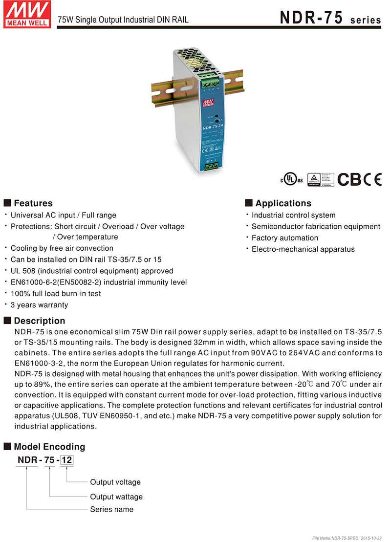 MEAN WELL MW NDR-75-24 24V 3.2A DIN Rail Power Supplies