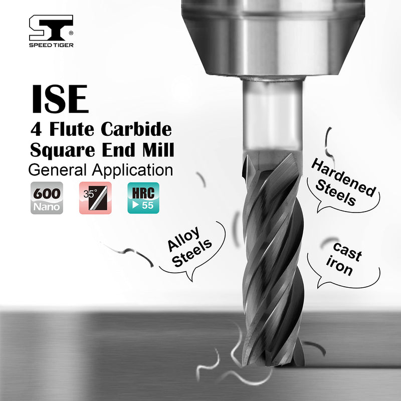SPEED TIGER Micrograin Carbide Square End Mill - 4 Flute - ISE1/8 4T (5 Pieces, 1/8") - for Milling Alloy Steels, Hardened Steel, Metal & More – Mill Bits Sets for DIYers & Professionals 5 1/8 in