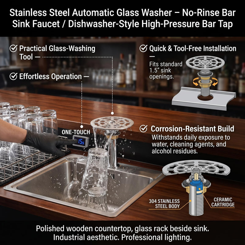 Stainless Steel Automatic Bottle Washer & Faucet Cup Cleaner - 360 Rotating G1/2 Sink Attachment for Home & Cafe