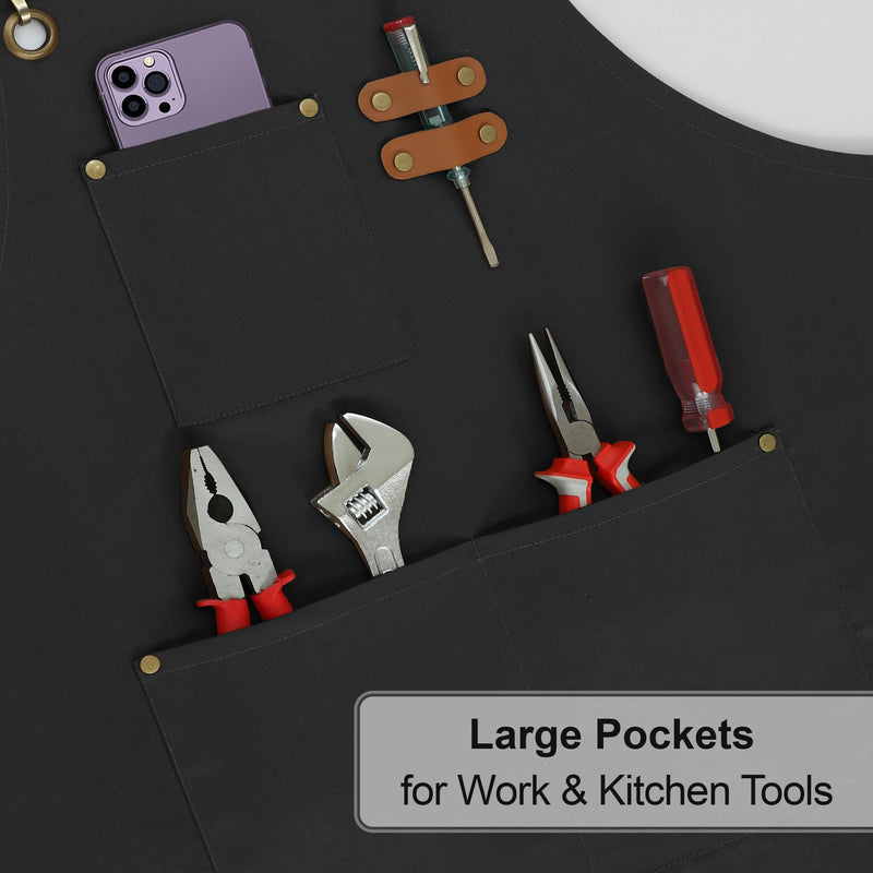 RUVANTI Work Apron for Men, Oil & Water Repellent, Poly Cotton Cross Back Aprons for Women with Pockets, Adjustable up to XXL Black - 3 Pockets - Pack of 1 Water Repellent Apron