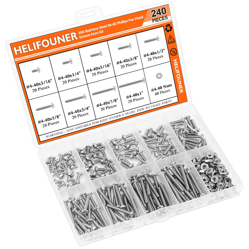240 Pieces #4-40 Phillips Pan Head Machine Screws Nuts Assortment Kit, Coarse Thread, Fully Machine Threaded, 304 Stainless Steel