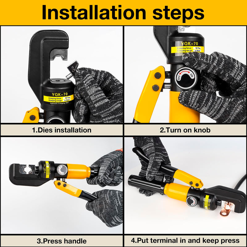 YUZES Hydraulic Crimping Tool 10 Tons 12 AWG to 00 (2/0),Battery Cable Crimping Tool with 4/6/8/10/16/25/35/50/70mm² Hexagonal Crimping Mold,Hydraulic Hose Crimper for Electrical Terminal Cable Wire YQK-70