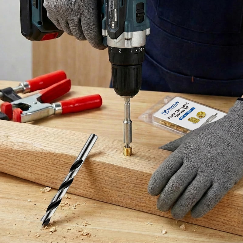 Threaded Inserts for Wood, Installation Kit, Brass, Includes M8-1.25 Knife Thread Inserts (10pcs), Drill, Installation Tool