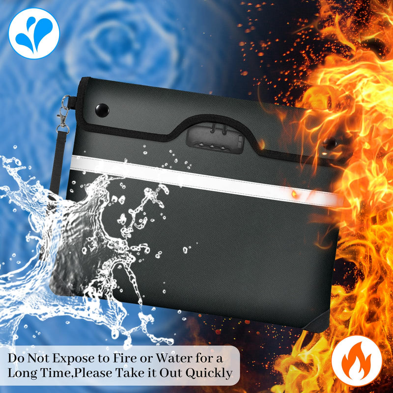 6200°F Fireproof Document Bag with Lock, 15x 11.8 Inch Fire Proof Bag for Documents with Zipper, Water Resistant Fireproof Envelope with Reflective Strip, Fireproof Money Bag Pouch Black 15 x 11.8 inch / Inside Size 14 x 10.8 inch