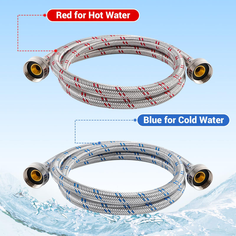 4 Ft Washing Machine Hoses, Premium Stainless Steel Washer Hoses Burst Proof 2 Packs, Hot and Cold Striped Water Supply Hoses for ALL Washing Machine
