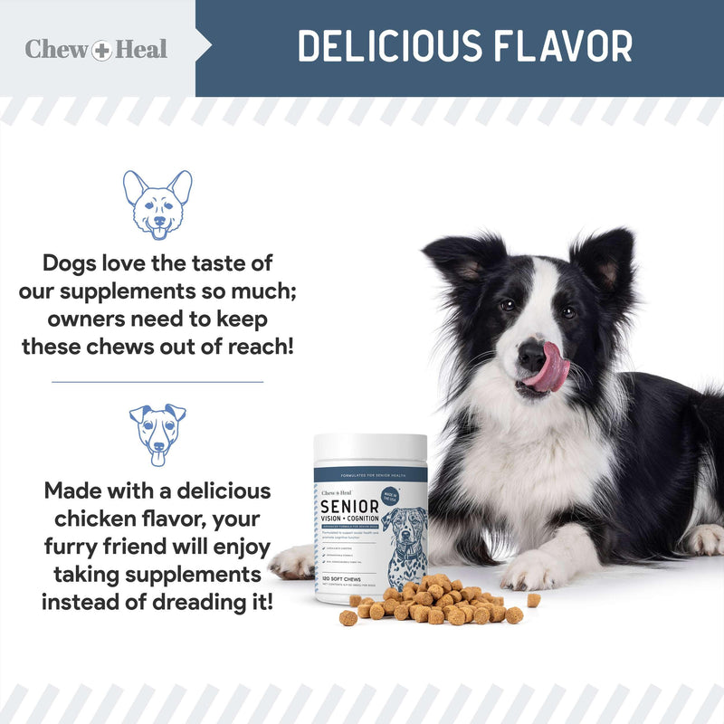Chew + Heal Labs Senior Dog Vision and Cognition Chews - 60 Soft Chews for Dog Eye Care and Memory - 7-in-1 Multivitamin with Omega Fatty Acids, Vitamins, and Botanicals - Made in the USA 60 Count