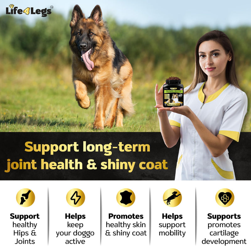 Hip and Joint Chews for Dogs + Skin and Coat Supplement - Dog Joint Pain Relief Treats - Glucosamine, Chondroitin, MSM, Hemp Oil, Turmeric, Omega 3 for Dogs, Mobility Dog Health Supplies Hip & Joint + Skin & Coat Duck - 90 Soft Chews