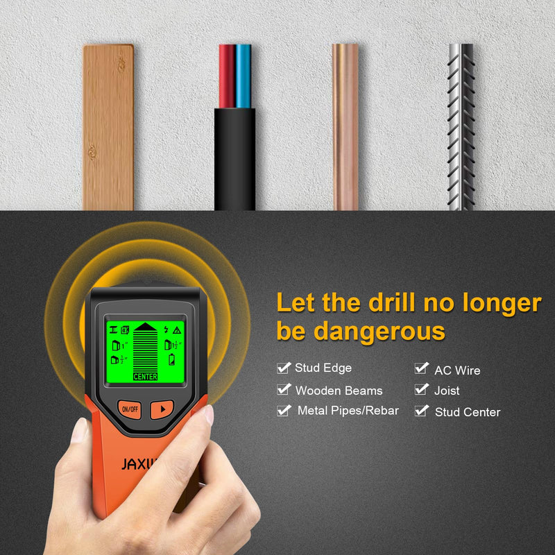 Stud Finder Wall Scanner - 5 in 1 Stud Finder Tool w/Microprocessor Chip and HD LCD Display, Stud Detector Beam Finders for the Center and Edge of Wood AC Wire Metal Studs Joist Pipe Blood Orange