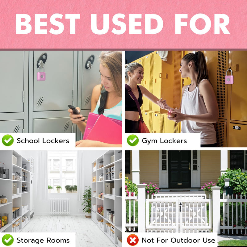 Fingerprint Padlock eLinkSmart Gym Locker Lock for Girls Women with Phone App iOS Watch Metal Keyless Combination Locks for School Sports Locker Toolbox Hasp Storage Pink Cherry Pink