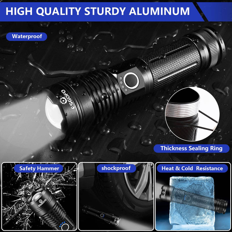 Esgofo Flashlights High Lumens 100000 Rechargeable, Super Bright Handheld LED Flash Light, Powerful Emergency Linternas, Waterproof, Long Lasting, for Hiking Camping Gift 20.0 Watt Hours