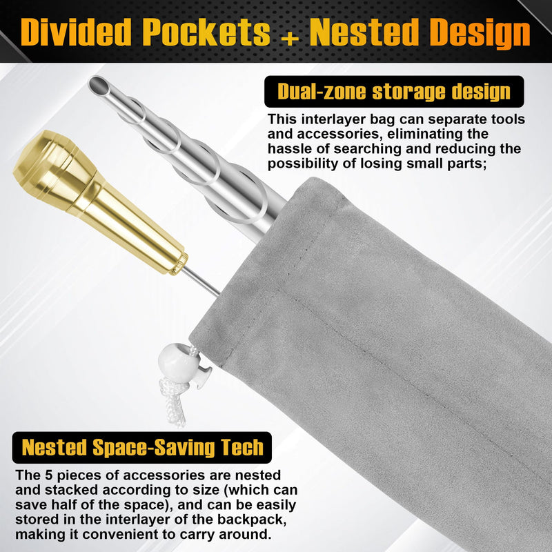 Rope Splicing Tool Kit, 5 Sizes (1/4", 5/16", 3/8", 7/16", 1/2") Stainless Steel Splicing FIDs with Brass Handle, Push Rod & Storage Pouch, for Marine and Rope Work