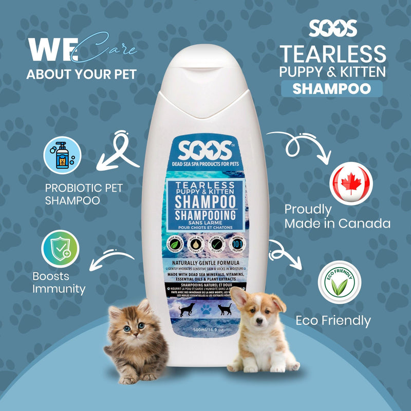 Soos Pet Tear-Less Shampoo for Puppies and Kittens | Natural Dead Sea Minerals | Fast Absorbing, Moisturizing, Gentle Skin Care | Vitamins & Essential Oils for Sensitive Skin - 500ml - PawsPlanet Australia