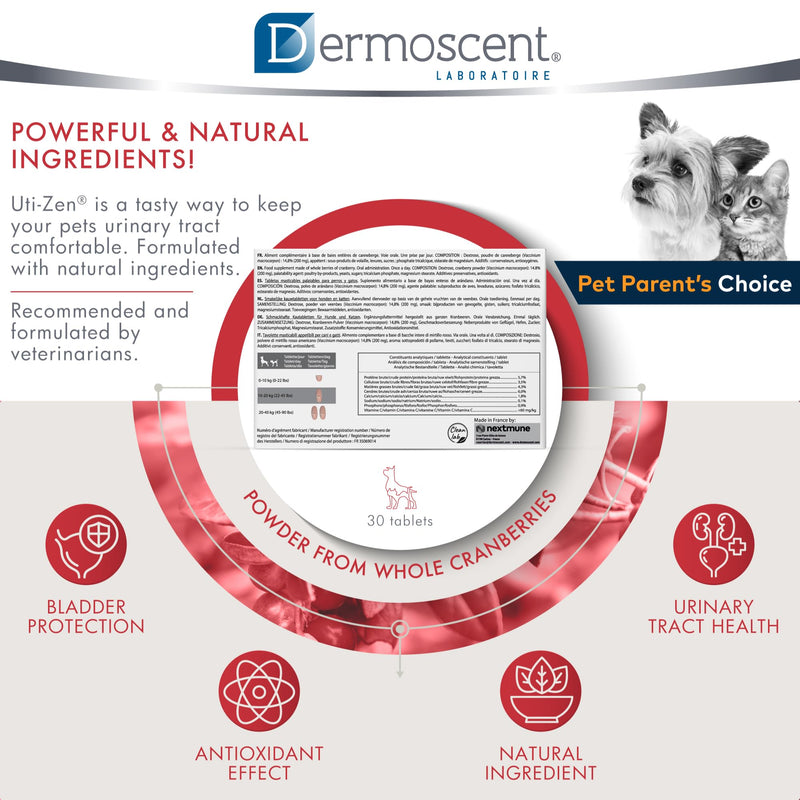 Dermoscent UTI-Zen Cranberry Tablets for Dogs & Cats Food Supplement for Bladder, Kidney & Urinary Tract Health Chicken Flavoured - 30 Tablets