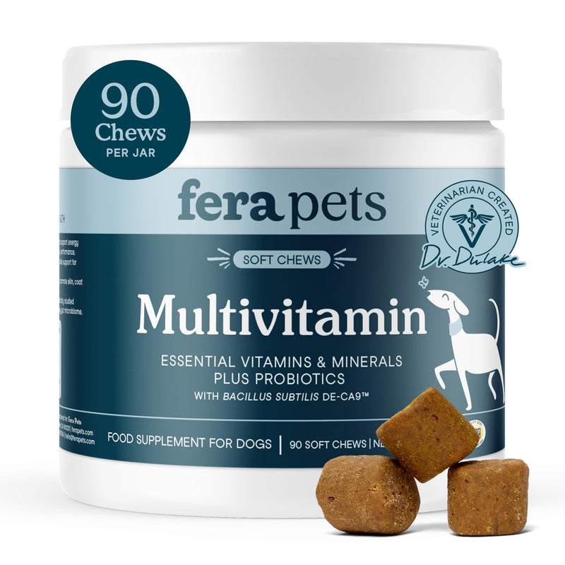 Fera Pets Dog Multivitamin Chews with Glucosamine and Probiotics - Essential Dog Vitamins & Minerals - Promotes Healthy Digestion & Joints - Boosts Skin & Coat Health with Omega-3s - 90 Soft Chews 90 Chews