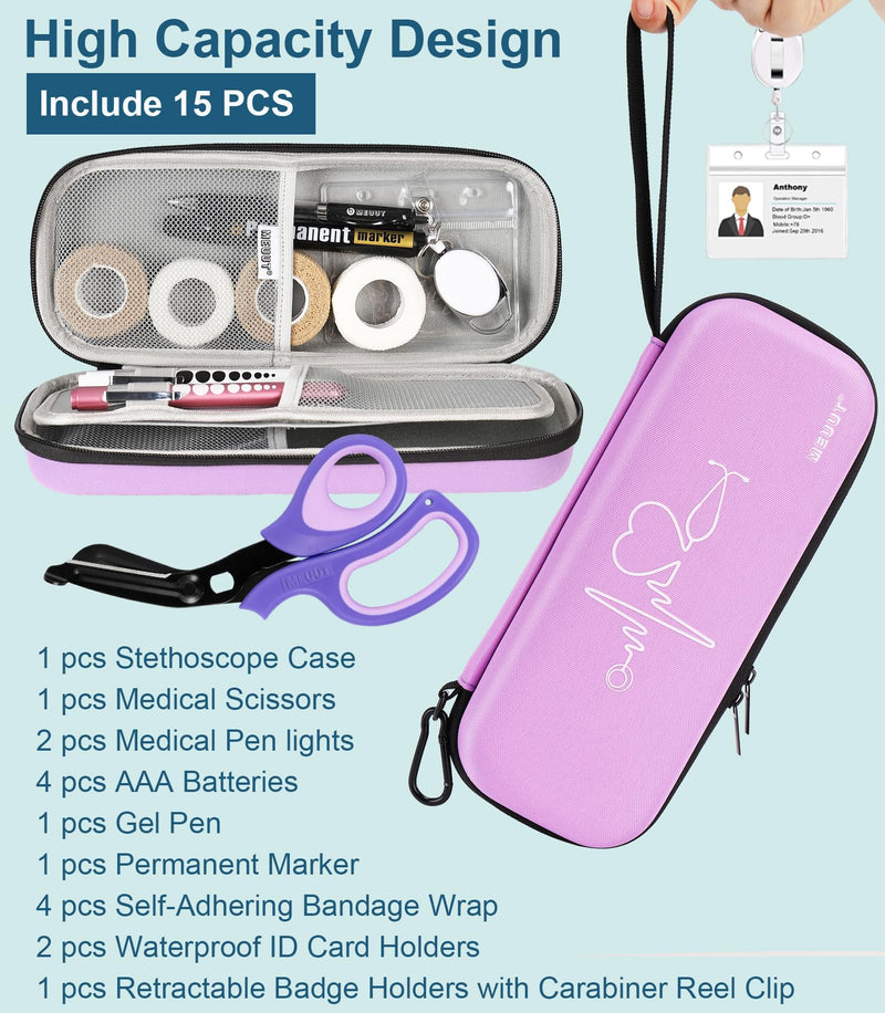 MEUUT 15 pcs Stethoscope Case Kit, Perfect Nurse Gift Include Stethoscope Case, Medical Scissors, Penlights with Batteries, Bandage Wraps, Badge Holders for Nurse Accessories for Work Light purple