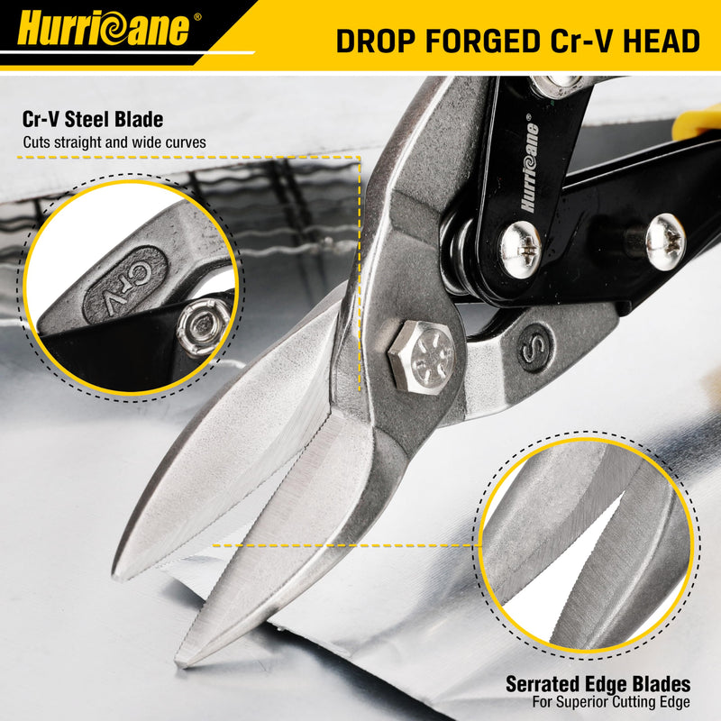HURRICANE 10 Inch Aviation Tin Snips, Heavy Duty Metal Cutter Shears for Cutting Sheet Metal, Straight Cut, Chrome Vanadium Steel 10 Inch Regular Straight Cut