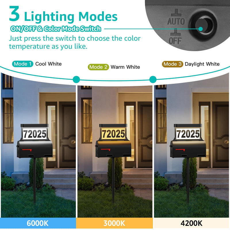 Solar Address Sign, 3-Color Lighting Modes Mailbox Number Plaque Waterproof, Double Sided Light-Emitting Mailbox Topper, LED House Numbers