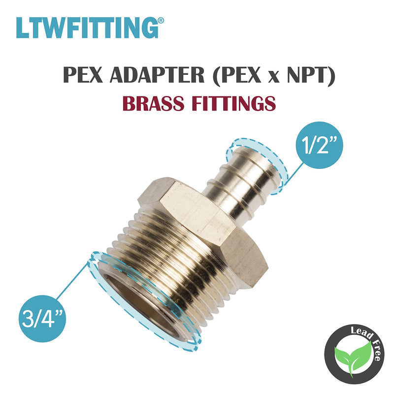 LTWFITTING No Lead Brass PEX Adapter Fitting 1/2-Inch PEX x 3/4-Inch Male NPT Crimp Adaptor (Pack of 20)
