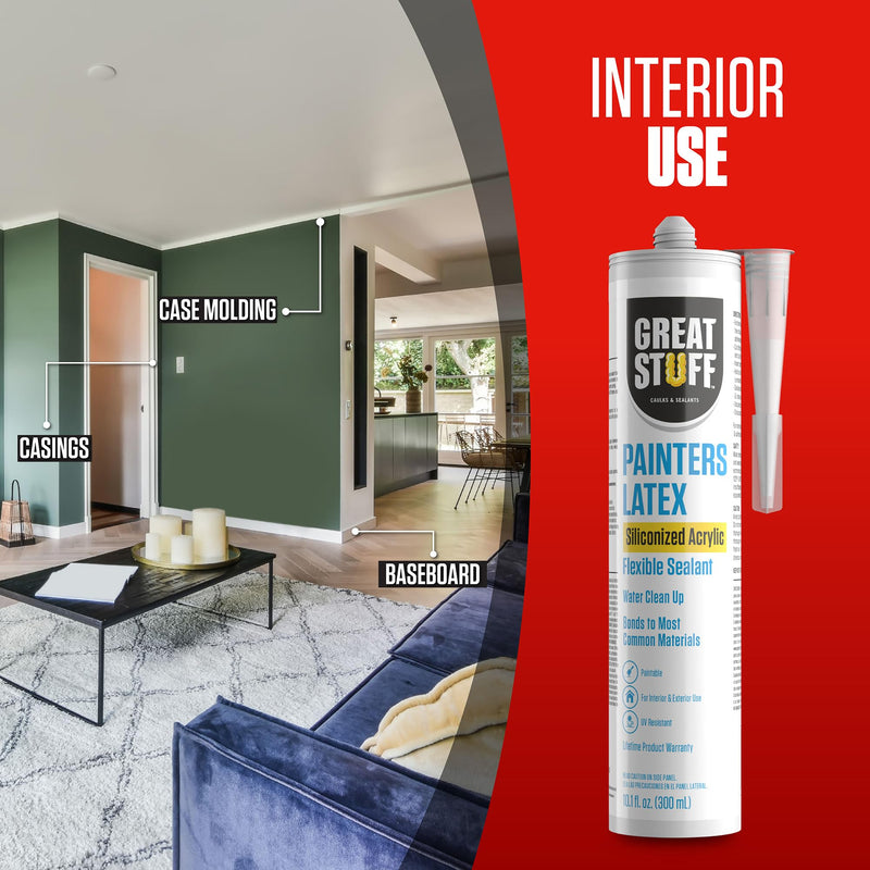 Great Stuff Acrylic Latex Paintable Caulking Sealant - White Caulk, Painters Caulk, Painters Latex Siliconized Acrylic Caulk, Paintable Caulk, White Caulking for Baseboards, Water Clean Up, 10.1 oz 1 Pack