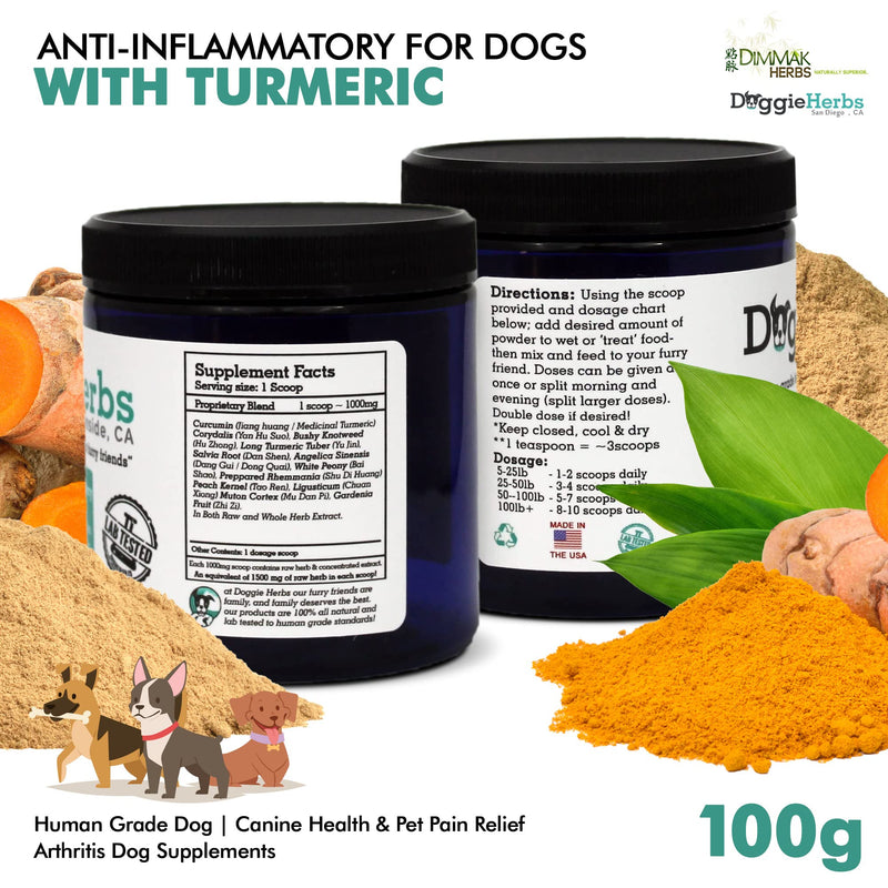 Anti-Inflammatory for Dogs w Turmeric (Curcumin) | Human Grade Dog Pain Relief, Arthritis Supplement – 100g by Doggie Herbs - PawsPlanet Australia