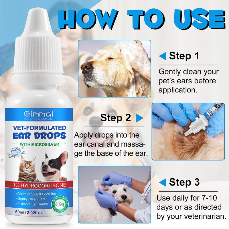 Ear Infection Treatment Drops for Dogs and Cats, Pets Ear Cleaning Solution Drops with 1% Hydrocortisone Soothing Dog Yeast Infection, Itchy Ear Relief, Pet Ear Care Supplies for Dogs & Cats - 2 fl oz