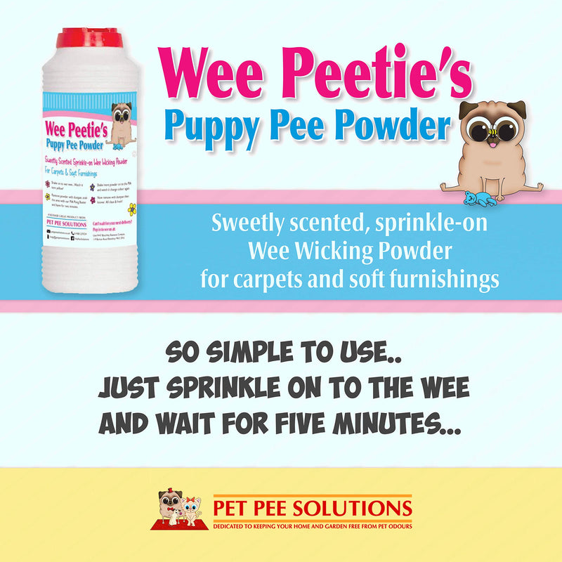 Wee Peeties Pee Powder for Pet Urine Vomit and Poo. Removes Liquid from Carpets Upholstery Sofa and Mattress. Prevents growth of Bacteria and stops Smell and Odour from Dog Puppy and Cat Accidents - PawsPlanet Australia