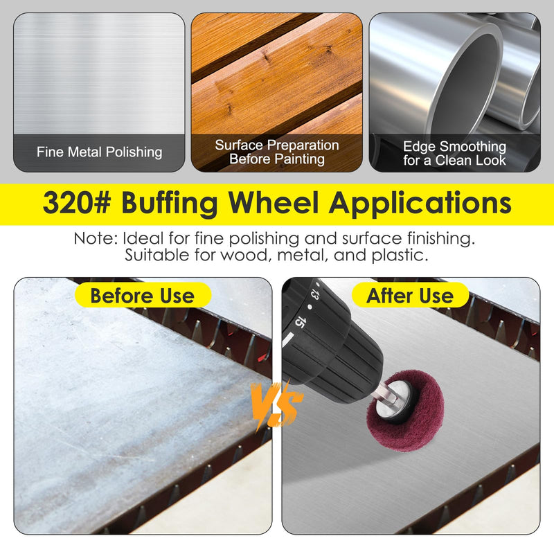 HighFree 7 PCS Non Woven Abrasive Buffing Polishing Wheels Drill Attachment Set - Scouring Pads Wheel with 1/4" Shank for Stainless Steel Copper Aluminum Wood-Wares (320 Grit Red) 320 Grit Red