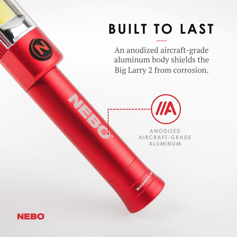 NEBO Big Larry 2 Work Light | 500 Lumens, 4 Light Modes, Magnetic LED Flashlight & Portable COB Task Lamp, Battery Powered, Pocket Clip, Water Resistant, Includes 3x AA Batteries — Red
