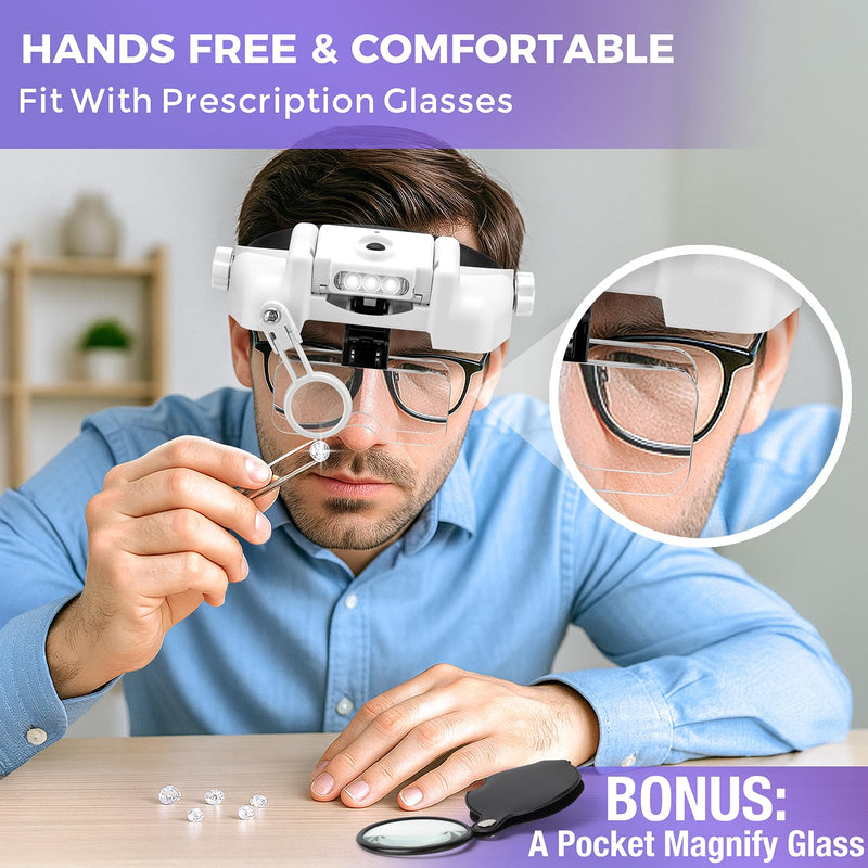 Magnifying Glass with Light - 1X to 14X Magnifying Glasses for Close Work, Adjustable Jewelers Loupe Headset with 1x, 1.5X, 2X, 2.5X, 3.5X Lens for Hobby, Jewelry, Crafts White