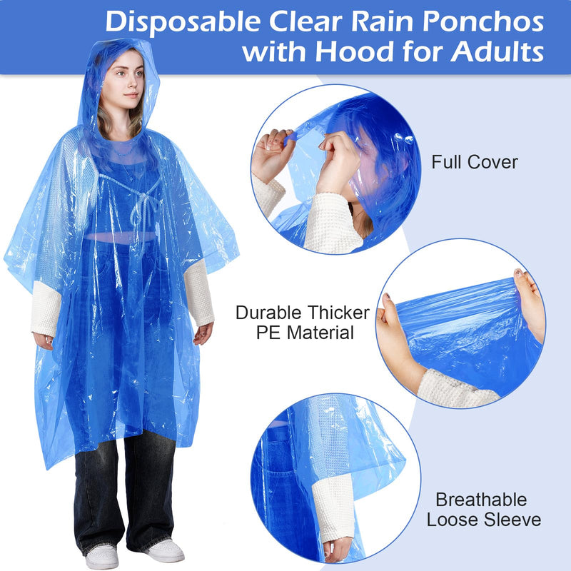 Berlune 40 Pcs Disposable Rain Ponchos Bulk for Adults Emergency Disposable Ponchos Family Pack with Hood Waterproof Raincoat Blue