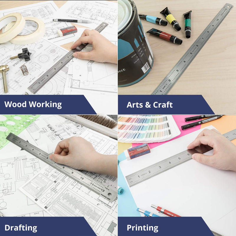 Pacific Arc Stainless Steel Ruler Inch and Metric, with 32nd and 64th Graduations, 12 Inches 12 In